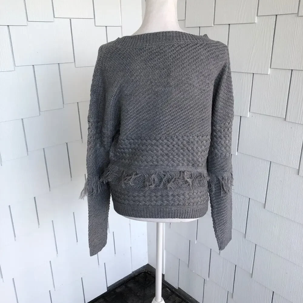 BB Dakota Women's Grey Candace Sweater with Hip and Forearm Fringe Detail sz S